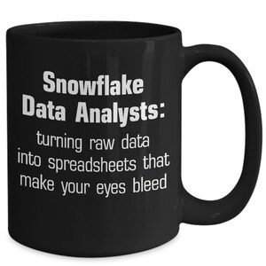 May include: Black coffee mug with white text that reads "Snowflake Data Analysts: turning raw data into spreadsheets that make your eyes bleed."