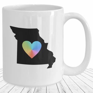 Missouri State Mug Rainbow Heart Coffee Cup Show Me State Gift for Missourian LGBTQ Pride Moving Away Gift Midwest Hometown Mug