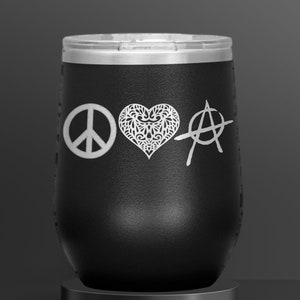 Peace Love Anarchy Symbols Wine Tumbler Anarchist Companion Etched Travel Cup Gift for Lover I Promise You Anarchy Peaceful World