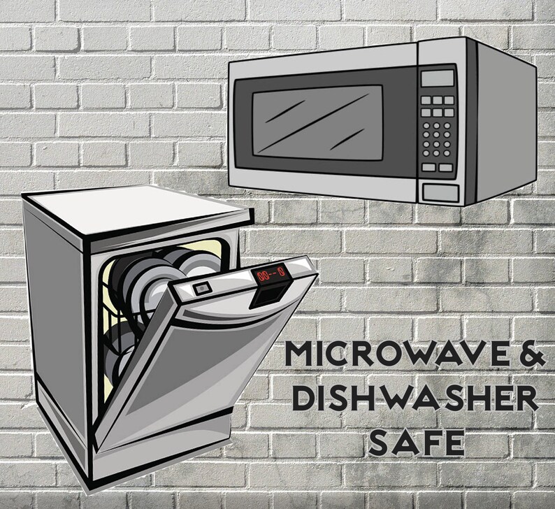 May include: A silver dishwasher with the door open and a microwave above it. The text "MICROWAVE & DISHWASHER SAFE" is below the appliances.