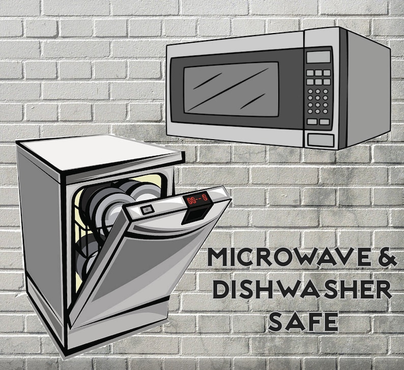 May include: A silver dishwasher with the door open and a microwave above it. The text "MICROWAVE & DISHWASHER SAFE" is below the appliances.
