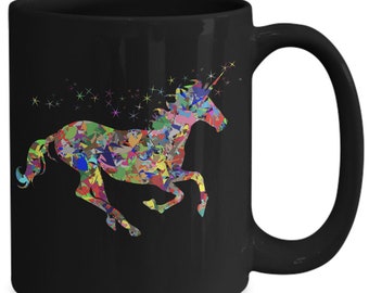 Glitter Unicorn Mug Colorful Black Coffee Cup Funny Gift for Majestic Magical Glitter Sparkle Rainbow