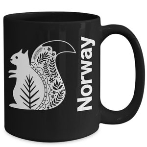 Norway Squirrel Mug Black Coffee Cup Gift for Tourist Scandinavian Viking Norwegian Mormor Farfar Lefse Skiing Vacation