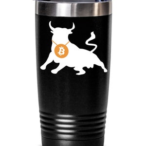 May include: Black stainless steel tumbler with a white silhouette of a bull wearing a bitcoin necklace. The bull is facing right and has its horns up.