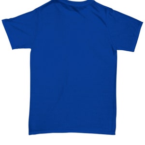 May include: A plain royal blue t-shirt. The shirt is a basic crew neck style with short sleeves.