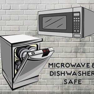 May include: A silver dishwasher with the door open and a microwave above it. The text "MICROWAVE & DISHWASHER SAFE" is below the appliances.