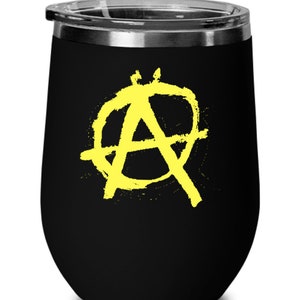 May include: A black stainless steel wine tumbler with a yellow anarchy symbol graphic.