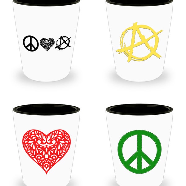 Peace Love and Anarchy Shot Glass Set of 4 Ceramic 1.5 oz Cups World Peace Gift for Anarchist Lover