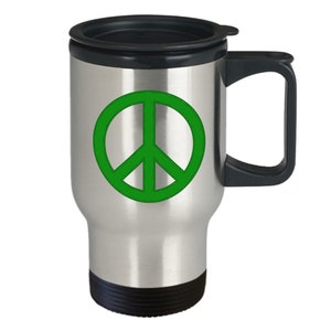Peace Mug - Travel Coffee Cup with Green Print - Gift for Lover, Anti-War, Peaceful Parent, Hippy, Activist, Anarchist
