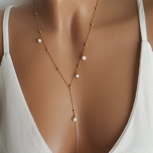 Pearl Lariat Necklace, Bridesmaid Gift for Her, Gold Bridal Party Jewelry, Minimalist Y Necklace, Personalized Gift, Valentines Day Gift