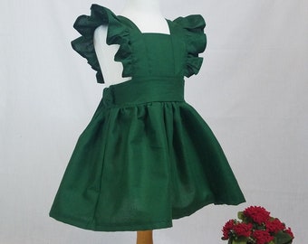 Green Flower Girl Dress. Dress For Girls. Girls Christmas Dresses.  Emerald Green Pinafore Dress & Free Matching  Bow