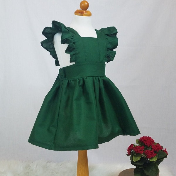 Green Flower Girl Dress. Dress For Girls. Girls Christmas Dresses.  Emerald Green Pinafore Dress & Free Matching  Bow