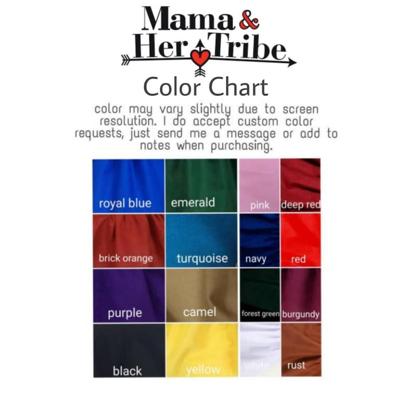 K&ouml;nnte beinhalten: Farbkarte mit 12 Stoffmustern in verschiedenen Farben, darunter K&ouml;nigsblau, Smaragd, Rosa, Dunkelrot, Ziegelrot, T&uuml;rkis, Marineblau, Rot, Lila, Kamel, Waldgr&uuml;n, Burgunderrot, Schwarz, Gelb, Wei&szlig; und Rost. Der Text "Mama & Her Tribe" befindet sich oben auf der Karte, und der Text "Color Chart" befindet sich darunter.