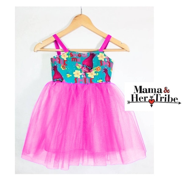 Trolls Inspired Birthday Party Dress. Poppy Outfit. Baby Girl Poppy Tutu. Princess Poppy Outfit