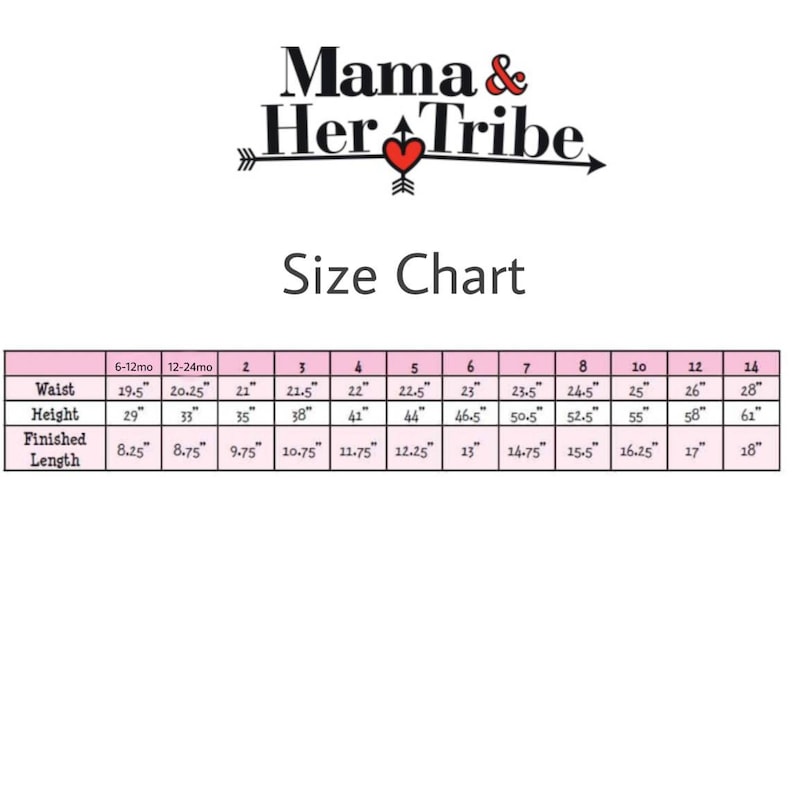 K&ouml;nnte beinhalten: Gr&ouml;&szlig;entabelle f&uuml;r Kleidung mit Ma&szlig;en in Zoll. Die Tabelle zeigt Gr&ouml;&szlig;en von 6-12 Monaten bis 14 Jahren. Die Ma&szlig;e umfassen Taille, H&ouml;he und fertige L&auml;nge.