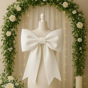 May include: A large, white bow on a mannequin, with long, pointed ends. The bow is the focal point, set against a backdrop of a floral arch with white roses and greenery. A candle and more flowers are at the base.