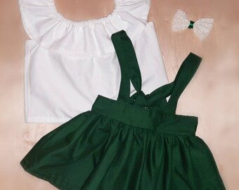 Suspender Skirt For Girls. Girls Fall Dresses.  Emerald Green Pinafore Dress. Rustic Flower Girl Dress. Green Flower Girl Dress. Baby Dress