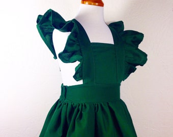 Christmas Suspender Dress For Girls. Girls Christmas Dresses.  Emerald Green Pinafore Dress. Rustic Flower Girl Dress. Apron Dress