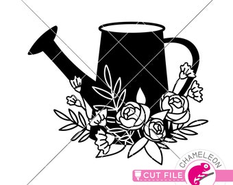 Spring Watering Can with Flowers, hand drawn SVG, dxf, Files for Cutting Machine, Silhouette Cameo, Cricut, Commercial Use Digital Design