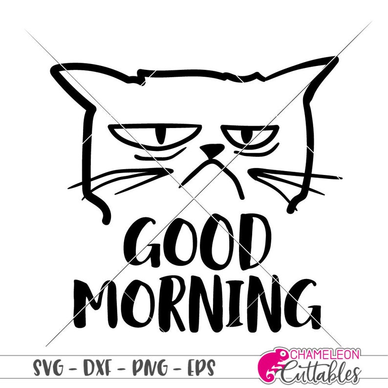 Pu&ograve; includere: Illustrazione in bianco e nero di un gatto scontroso con il testo "Good Morning" sotto.