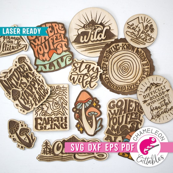 Laser Ready Wood sticker design for cnc machines, Outdoor Wood sticker file for Glowforge, Nature Wood sticker svg, Nature design for cnc