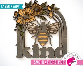 SVG, DXF, PDF, eps Bee Kind Laser svg, Bee Sign Glowforge wood design, bee laser file, bee cnc design, Thunder file, Digital Design
