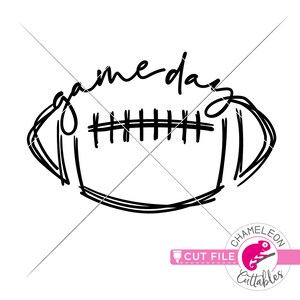 May include: Black and white line art of a football with the words "game day" in a handwritten font. The image is a cut file, with a pink and white logo in the bottom right corner.