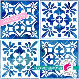 May include: Four square tiles with a blue and white floral design. The tiles have a watercolor effect with a blue background and white floral patterns. The text "PNG 300DPI" and "SUBMLIMATION FILE" are visible.