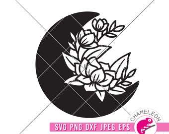 May include: Black and white silhouette of a crescent moon with stylised flowers and leaves. The design is perfect for crafting projects like vinyl decals, iron-on transfers, and more.