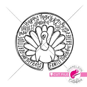 Peut inclure: Dessin en noir et blanc d'une dinde avec un cercle de texte autour. Le texte dit "Joyeux Thanksgiving, Récolte, Amour, Gratitude, Manger de la dinde, Famille, Reconnaissant, Rassembler".