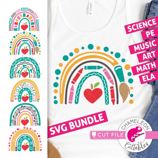 School Rainbow SVG bundle, Teacher Rainbow SVG, Math, Art, PE, Science, Music, Reading, png, dxf, Commercial Use File, Digital Download