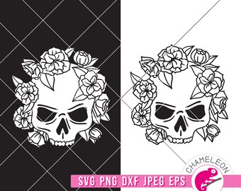 SVG、PNG、DXF、Jpeg、花付き頭蓋骨、ハロウィンシャツデザイン、花柄頭蓋骨のSVGファイルと昇華PNG、商用利用デジタルデザイン
