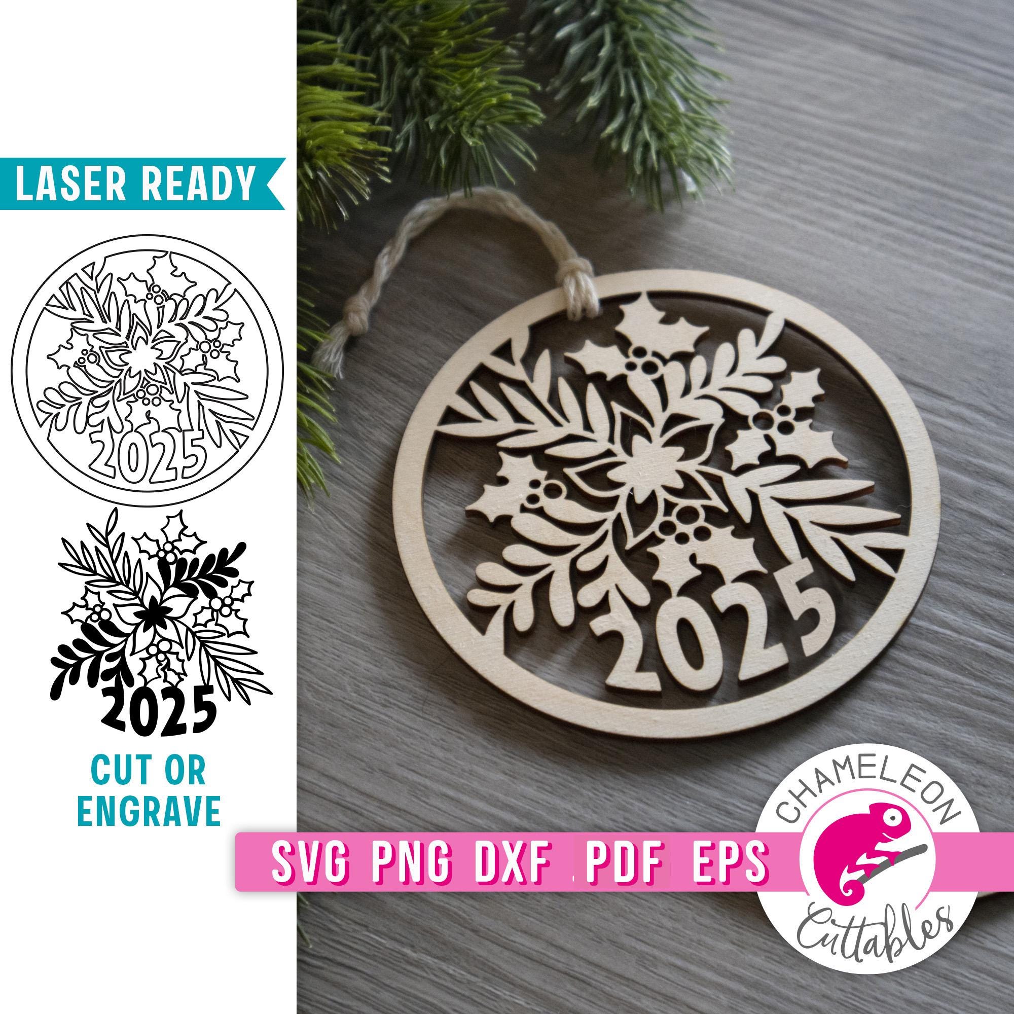 SVG, PNG, DXF, Jpeg, Christmas ornament svg, 2025 ornament Glowforge design, poinsettia laser cut file, Thunder file, Digital Design