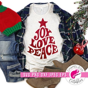 SVG, PNG, DXF, JPEG, Árbol de Navidad con alegría, amor y paz, archivo de Navidad, archivo de corte festivo y PNG de sublimación, diseño digital para uso comercial