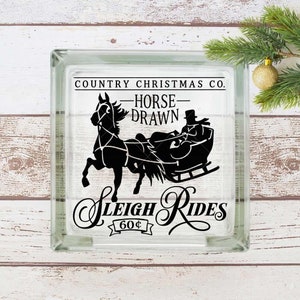 Horse drawn Sleigh Rides square vintage Christmas SVG Files for Glass Block for Silhouette Cameo and Cricut, Commercial Use Digital Design