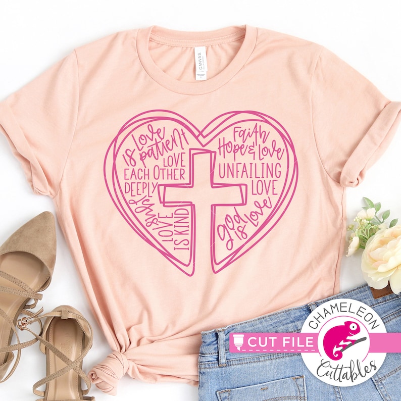 May include: A pink heart with a cross inside, surrounded by the words "Love is patient", "Love each other deeply", "Love is kind", "Faith, hope & love", "Unfailing love", and "God is love".