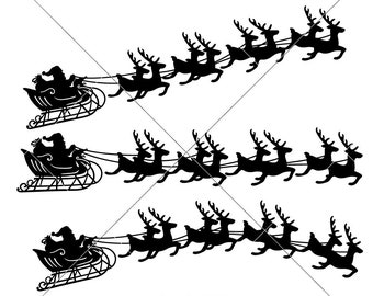 Santa Sleigh with Reindeer 3 versions Christmas SVG Files for Cutting Machines Silhouette Cameo and Cricut, Commercial Use Digital Design