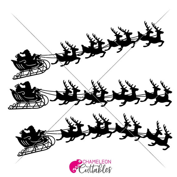Download Santa Sleigh With Reindeer 3 Versions Christmas Svg Files For Etsy