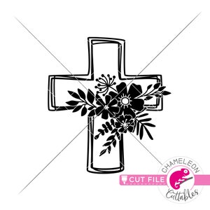 SVG, PNG, DXF, Jpeg, Cross with flowers, Sketch, Easter, Christian,  Svg cut file and Sublimation png, Commercial Use Digital Design