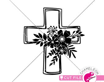 SVG, PNG, DXF, Jpeg, Cross with flowers, Sketch, Easter, Christian,  Svg cut file and Sublimation png, Commercial Use Digital Design