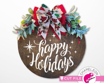 Happy Holidays with stars round design, for circle wood board SVG, dxf, png, file, Silhouette Cameo, Cricut, Commercial Use Digital Design