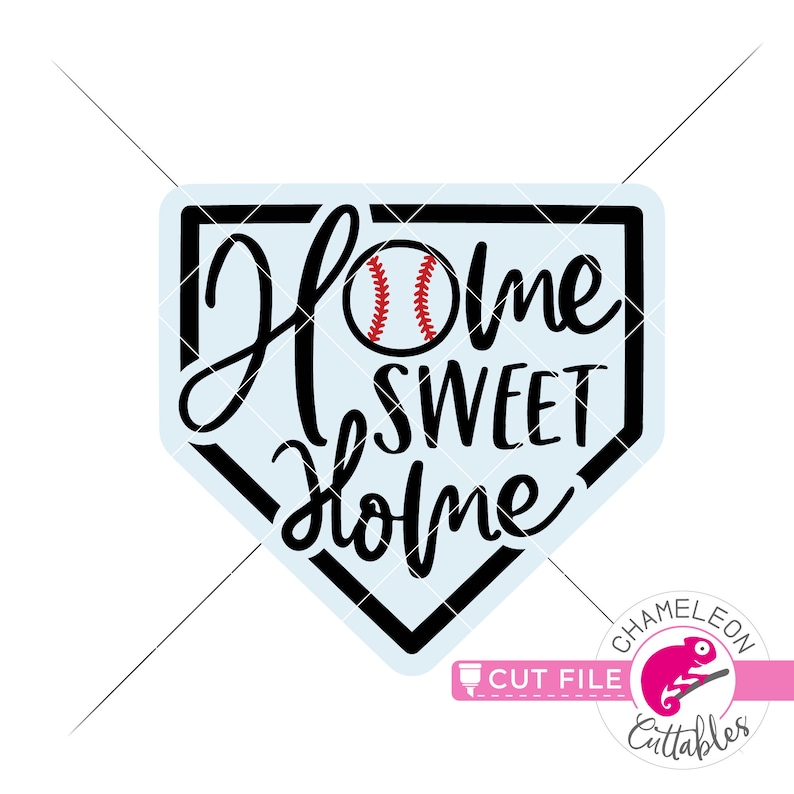 May include: Black and white baseball home plate design with the text "Home Sweet Home" and a red and white baseball in the center.