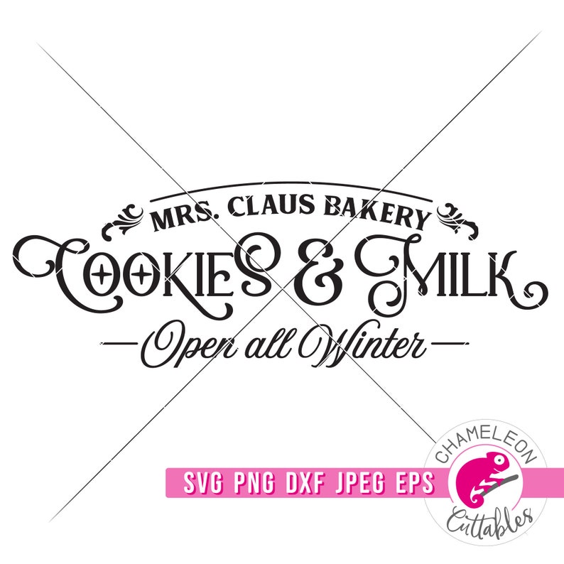 Op de afbeelding: Zwart-wit grafisch ontwerp voor "Mrs. Claus Bakery" met de woorden "Cookies & Milk" en "Open all Winter". Het ontwerp bevat decoratieve versieringen en is geschikt voor knutselwerkjes met een feestthema.