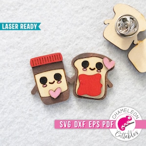 May include: Wooden pins featuring a jar of chocolate spread and a slice of toast with jam, each with smiling faces and holding hands. The jar has a red lid, and the toast has a red jam filling. The pins are laser-ready and include the text "SVG DXF EPS PDF".