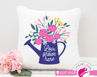 Love grows here Watering Can with Flowers layered SVG, Files for Cutting Machine, Silhouette Cameo, Cricut, Commercial Use Digital Design
