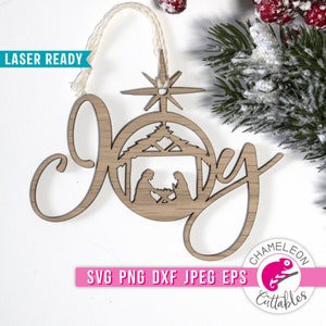 SVG, PNG, DXF, Jpeg, adorno navideño SVG, diseño de adorno navideño Glowforge, archivo láser Joy Christmas, archivo Thunder, diseño digital