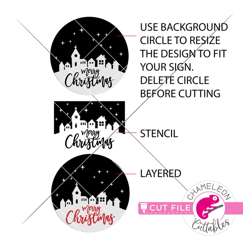 May include: A black and white digital design featuring a winter village scene with the text "merry Christmas". The design is available in three formats: layered, stencil, and a circle for resizing.