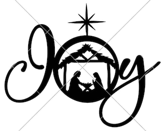 May include: Black and white silhouette of the word "Joy" with a star above a circle containing a nativity scene inside a manger.