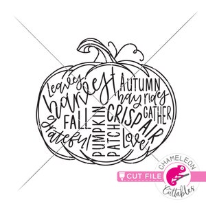 May include: Black and white line art design of a pumpkin with the words "leaves", "harvest", "fall", "grateful", "pumpkin", "patch", "autumn", "hay rides", "crisp", "gather", "love", and "air" inside the pumpkin.