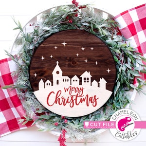 Merry Christmas herenhuizen rond ontwerp, voor cirkel houten bord SVG, dxf, png, bestand, Silhouette Cameo, Cricut, commercieel gebruik digitaal ontwerp